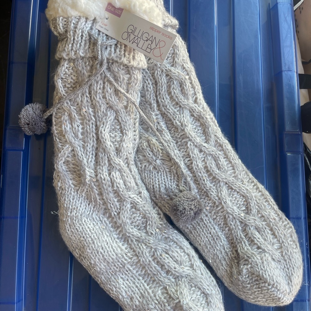 Gilligan & O'Malley Cream Cable Knit Slipper Socks with Pom Poms